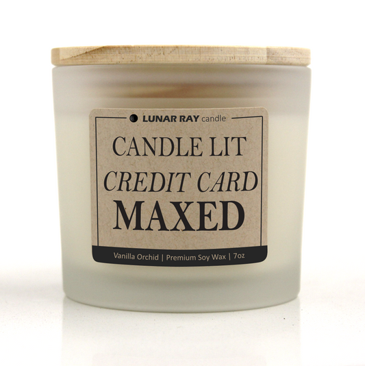 CANDLE LIT CREDIT CARD MAXED - Kraft Label, Vanilla Orchid Scent, Frosted Jar, Candle